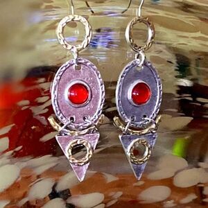 Abstract Mix Metal Textured Red Glass Dangle Earrings - NWT